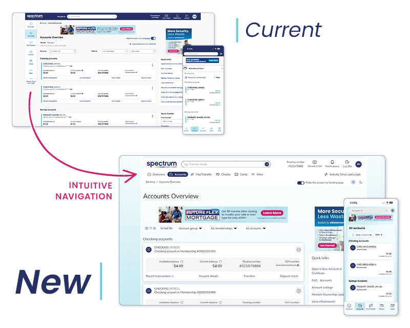 Side-by-side comparison of the current and refreshed Spectrum Credit Union digital banking interface
