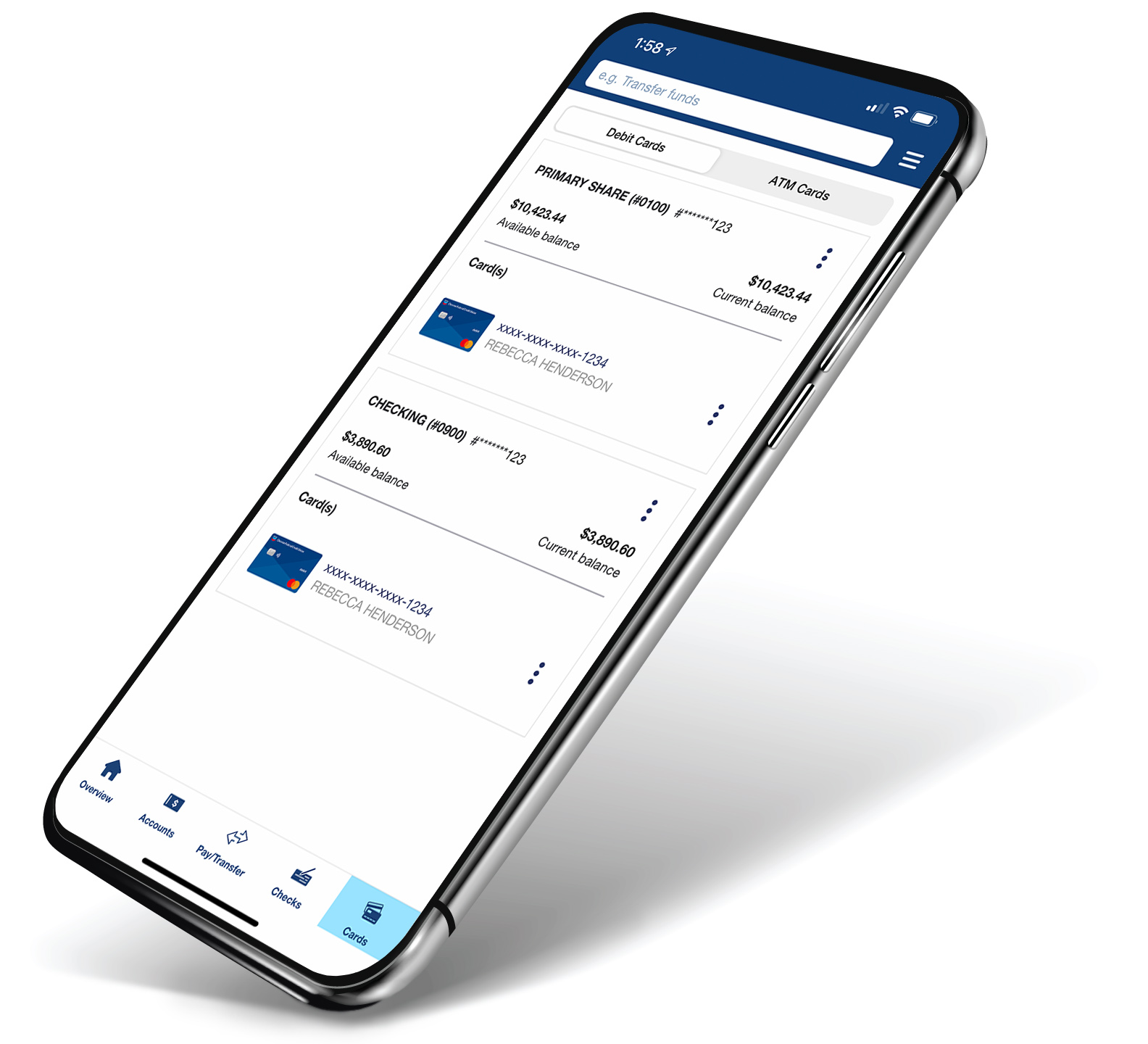 Mobile device showing the debit card screen of a digital banking application